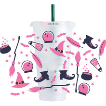 Load image into Gallery viewer, Pink and Black Witch Halloween 24oz UV-DTF Cold Cup Wrap - Ready to apply Wrap - HOLE
