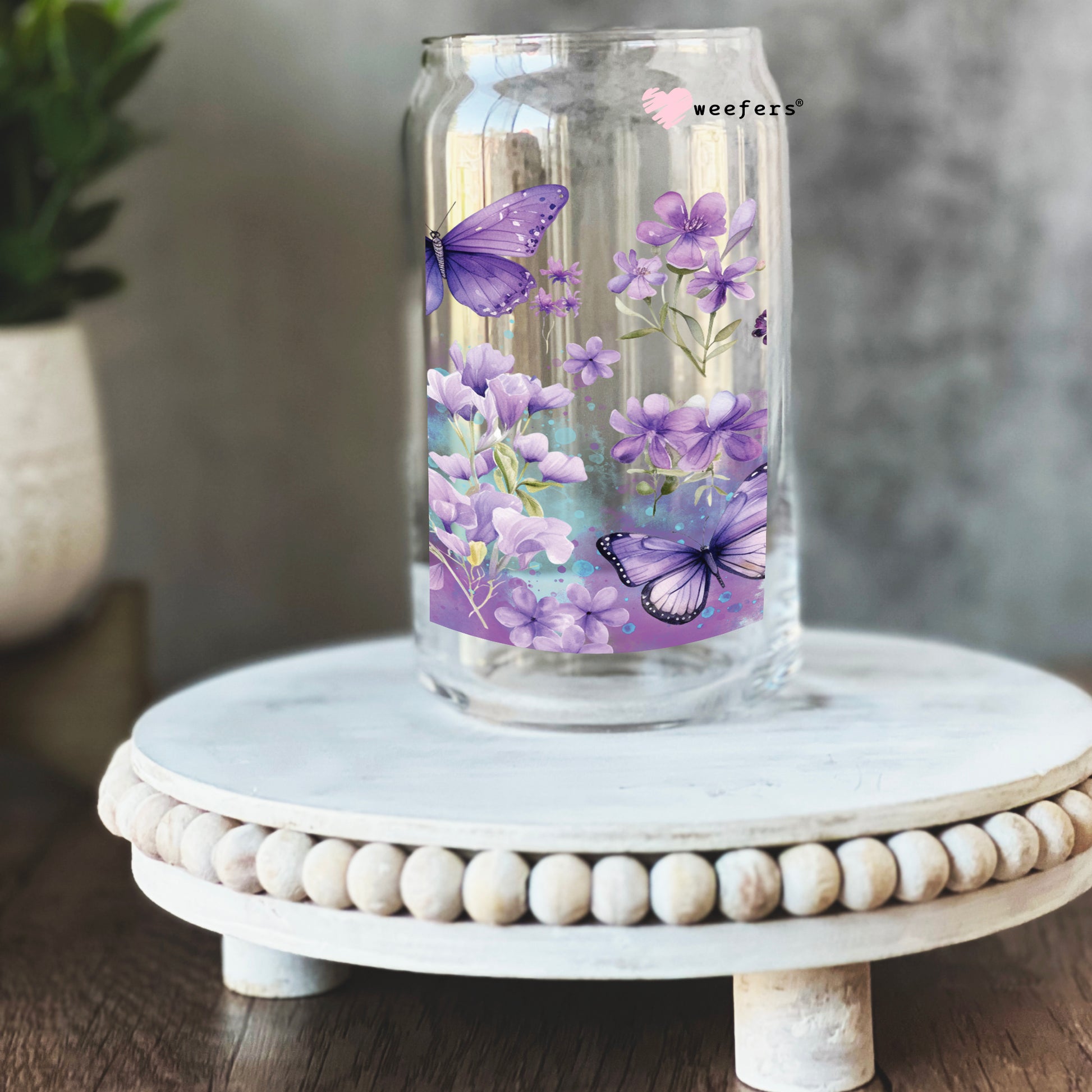 Purple Butterflies and Florals 16oz Libbey Glass Can UV DTF or Sublimation Wrap - Decal - Weefers