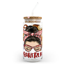 Load image into Gallery viewer, Messy Bun Baker Life 20oz Libbey Glass Can, 34oz Hip Sip, 40oz Tumbler UVDTF or Sublimation Decal Transfer
