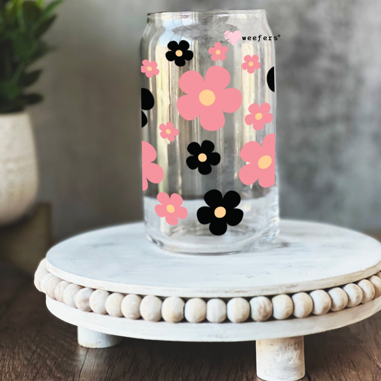 Retro Flowers Coral and Black 16oz Libbey Glass Can UV DTF or Sublimation Wrap - Decal - Weefers