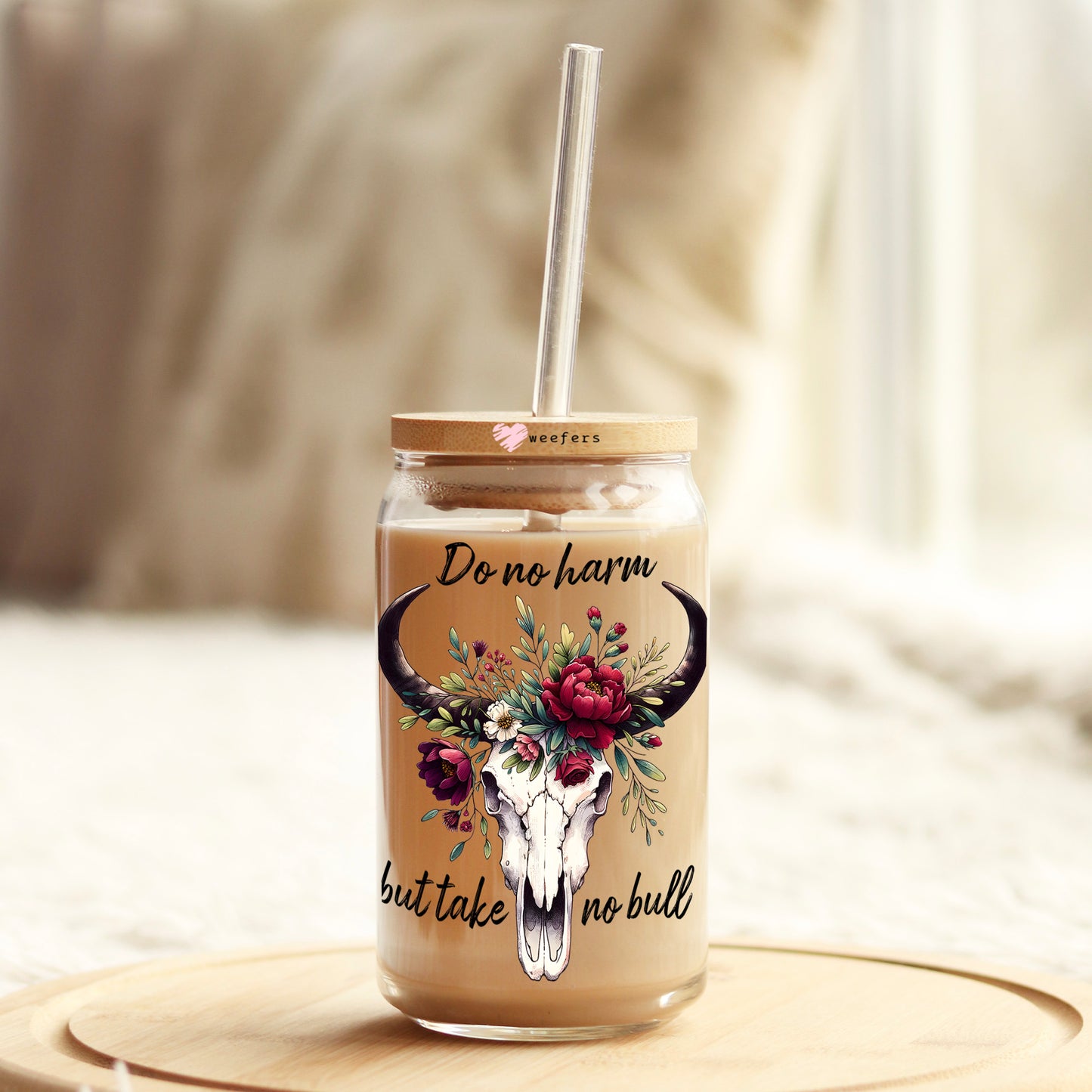 Do No Harm But Take No Bull Cow Skull Red Floral 16oz Libbey Glass Can UV DTF or Sublimation Cup Wrap - Decal Transfer - Weefers