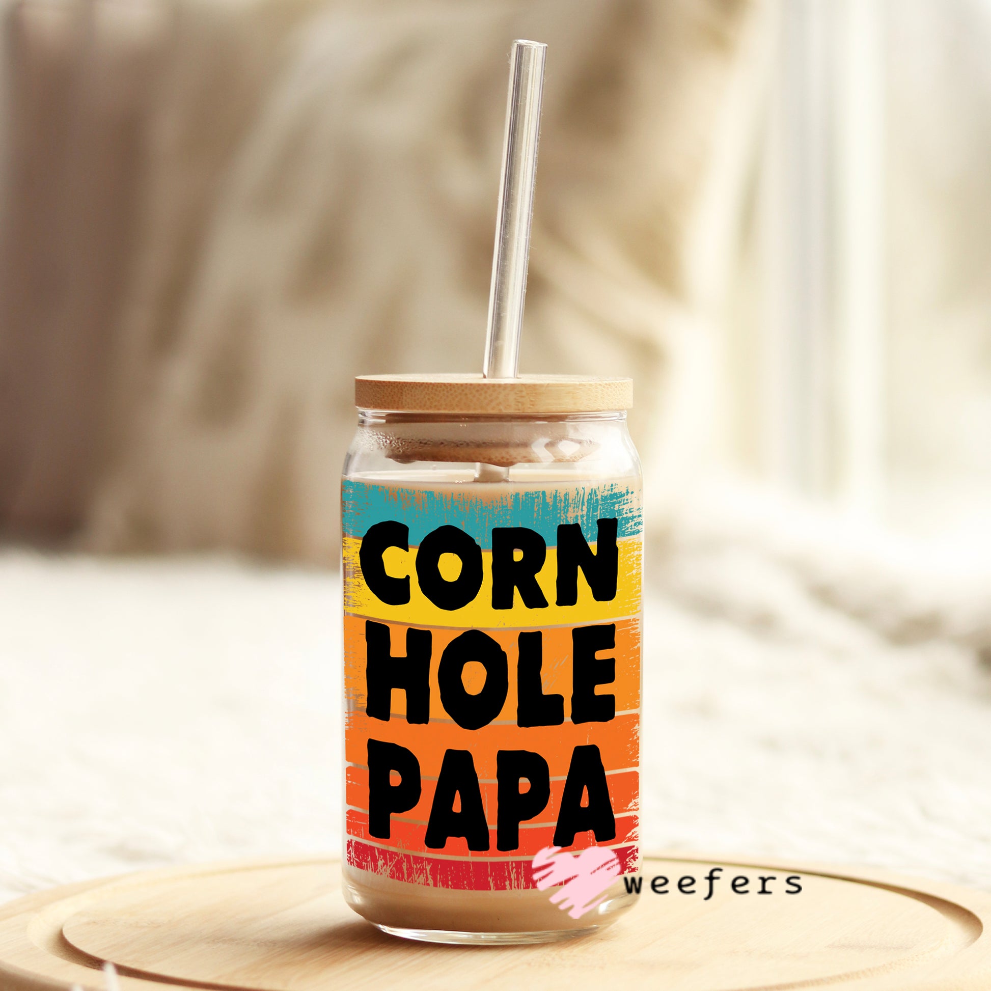 Corn Hole Papa 16oz Libbey Glass Can UV DTF or Sublimation Wrap - Decal - Weefers