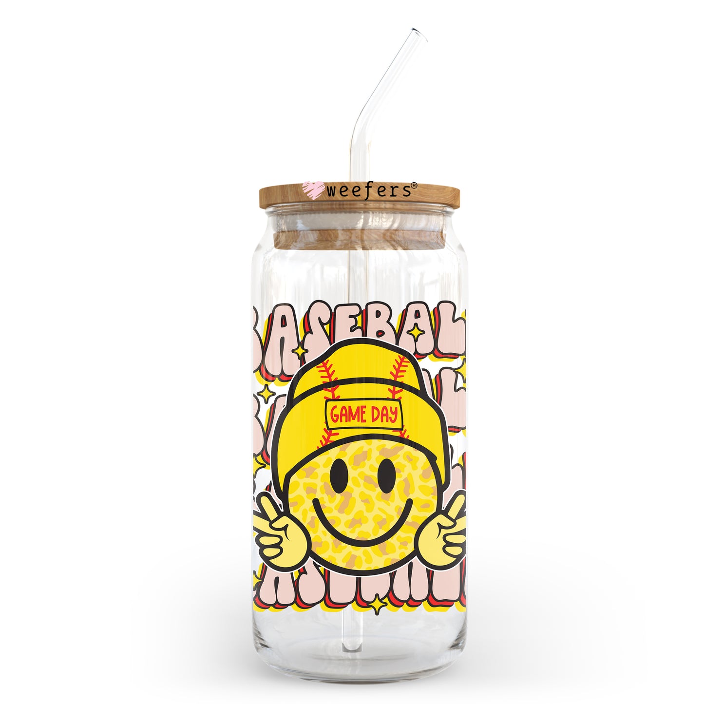 Baseball Gameday Smile Face 20oz Libbey Glass Can UV DTF or Sublimation Wrap - Decal Transfer - Weefers