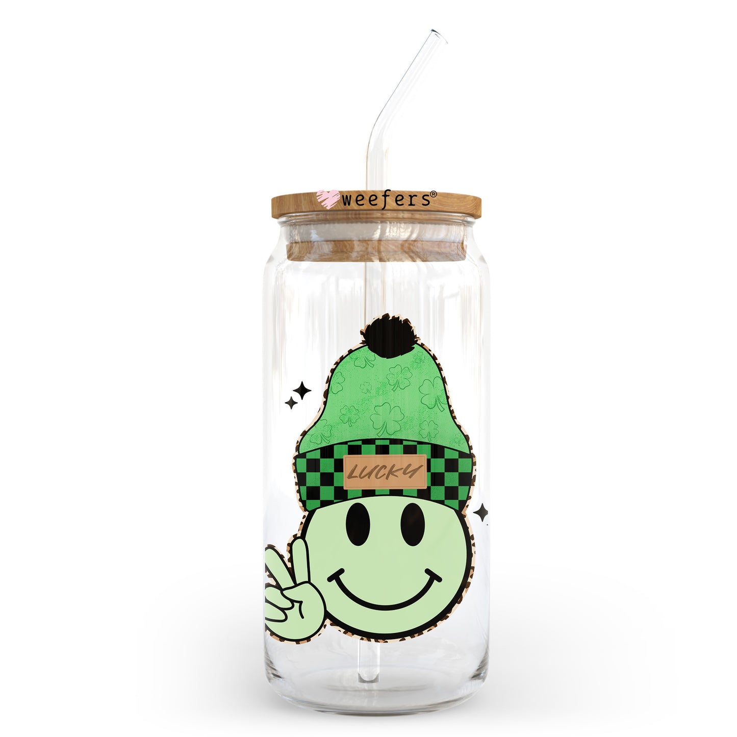 Lucky Smile Face St. Patrick's Day 20oz Libbey Glass Can UV DTF or Sublimation Wrap - Decal Transfer - Weefers