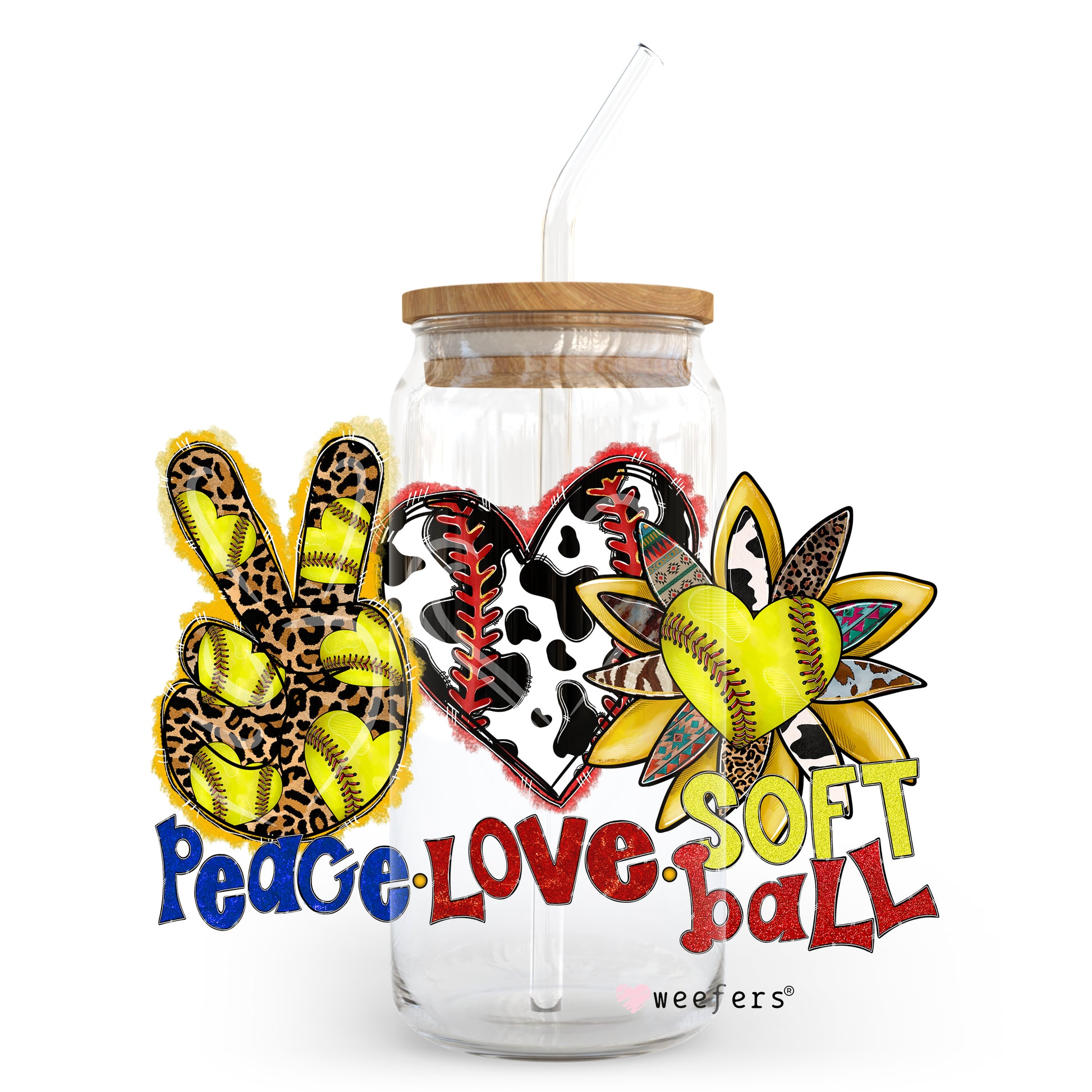 Peace Love Softball 20oz Libbey Glass Can, 34oz Hip Sip, 40oz Tumbler UV DTF or Sublimation Decal Transfer - Weefers