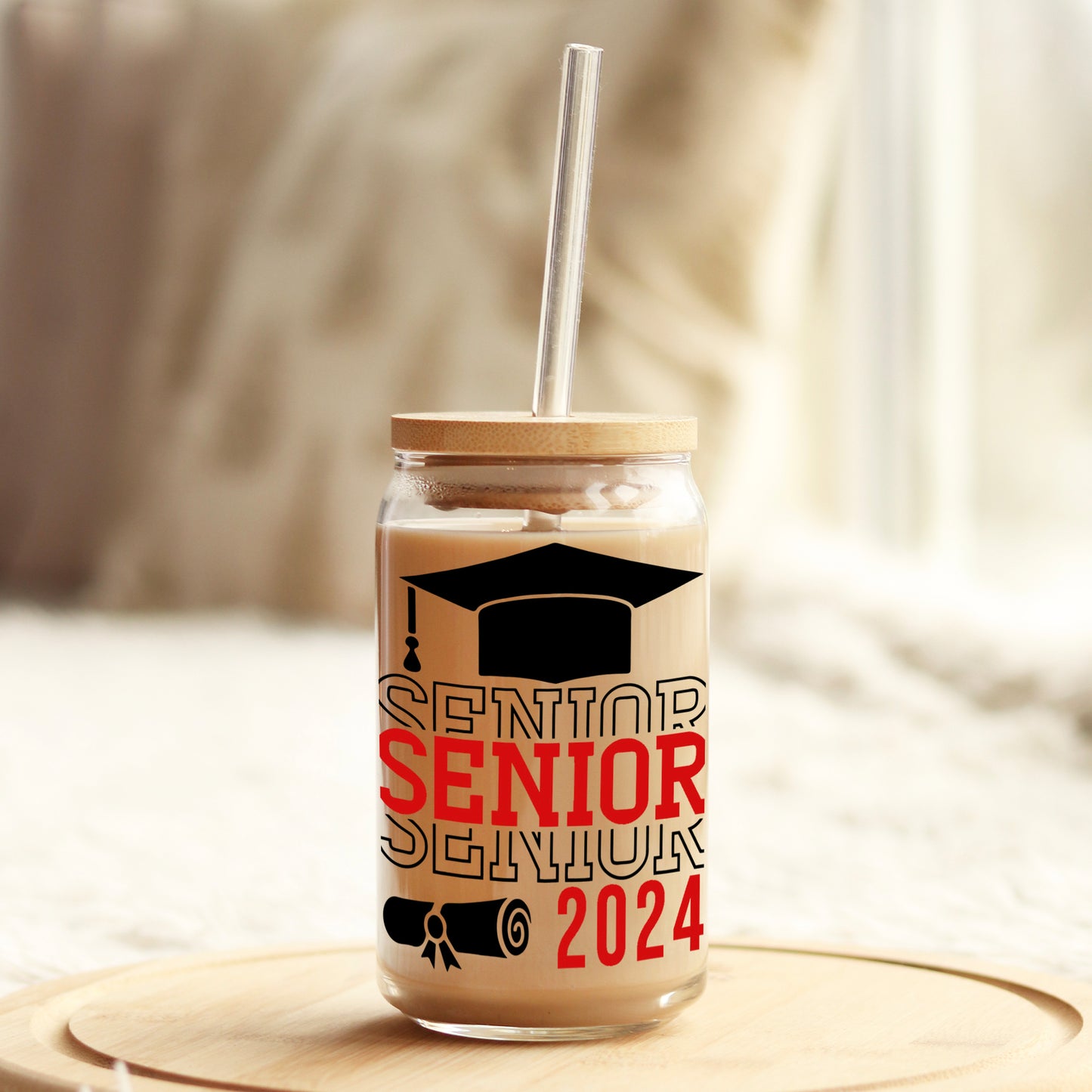 Senior Senior Senior Red And Black 16oz Libbey Glass Can UV DTF or Sublimation Cup Wrap - Decal Transfer - Weefers