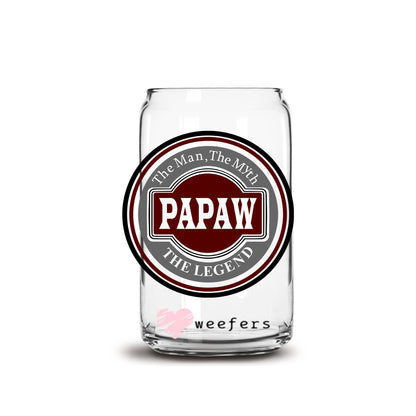 Papaw the Man the Myth the Legend 16oz Libbey Glass Can UV DTF or Sublimation Cup Wrap - Decal Transfer - Weefers