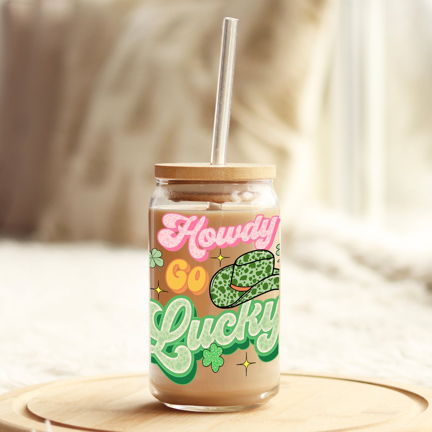 Howdy Go Lucky Pink and Green St. Patrick's Day 16oz Libbey Glass Can UV DTF or Sublimation Cup Wrap - Decal Transfer - Weefers