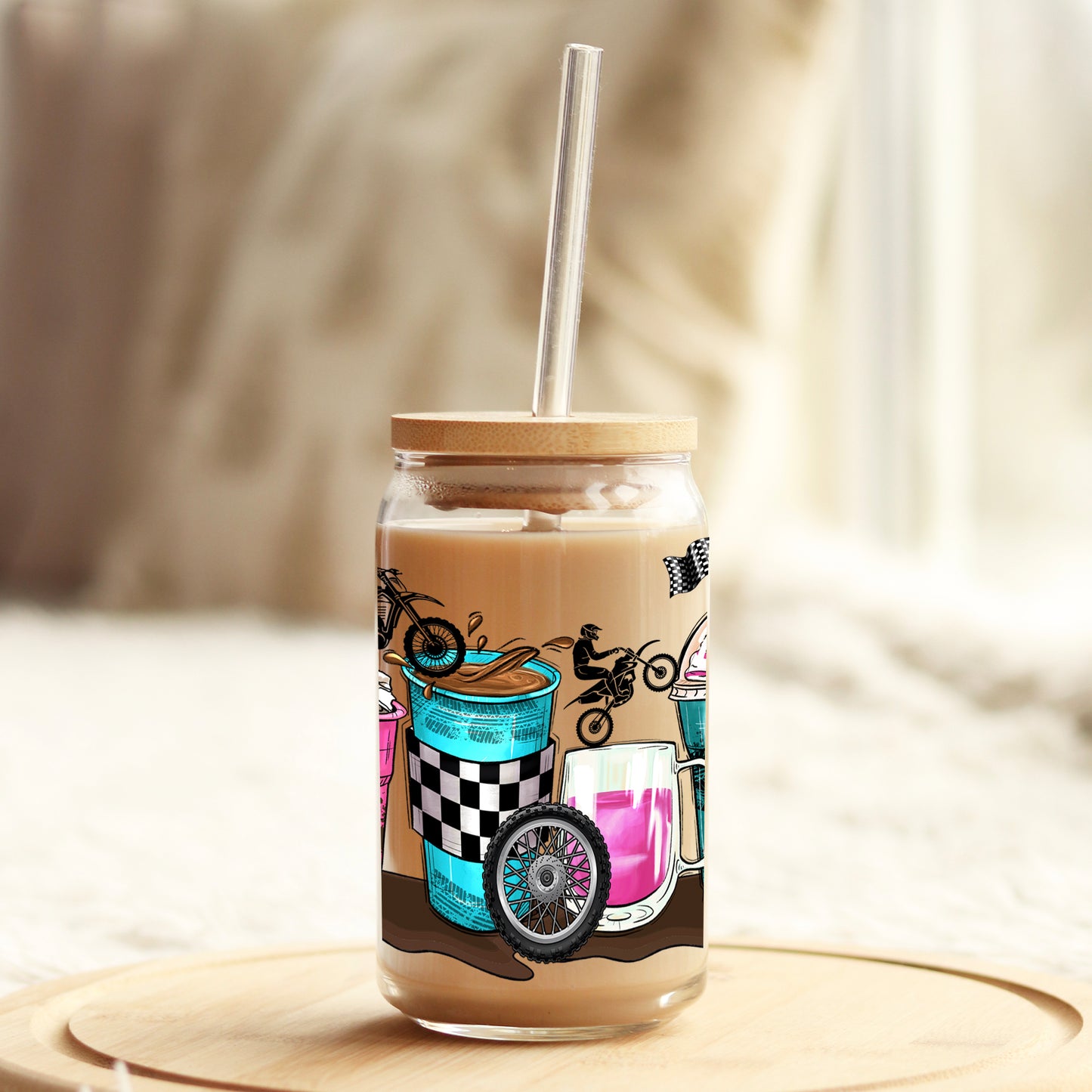 Motocross Racing Coffee Latte 16oz Libbey Glass Can UV DTF or Sublimation Cup Wrap - Decal Transfer - Weefers