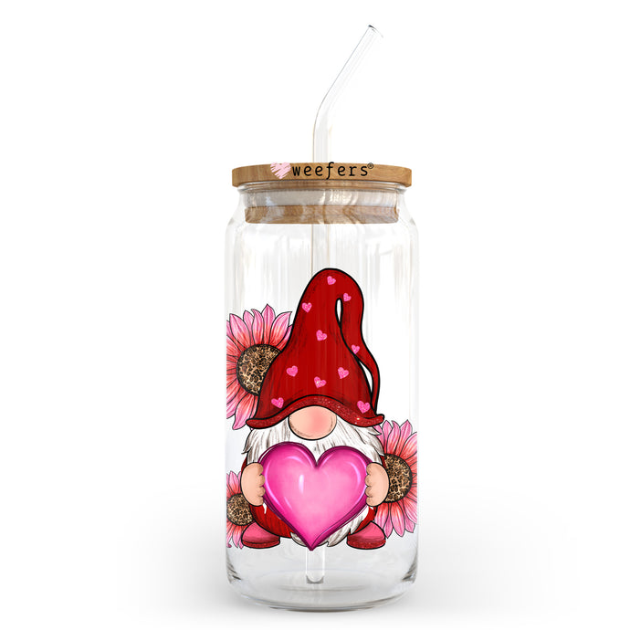 a glass jar with a gnome holding a heart