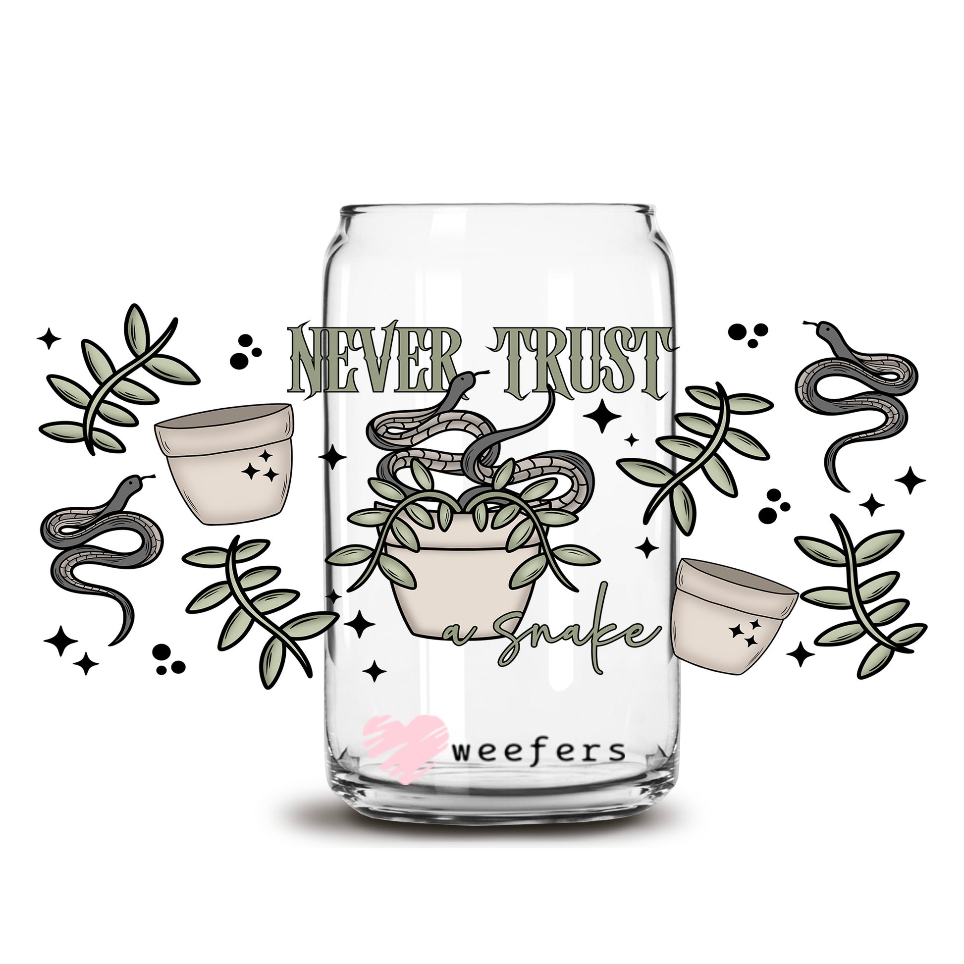 Never Trust a Snake 16oz Libbey Glass Can UV DTF or Sublimation Cup Wrap - Decal Transfer - Weefers