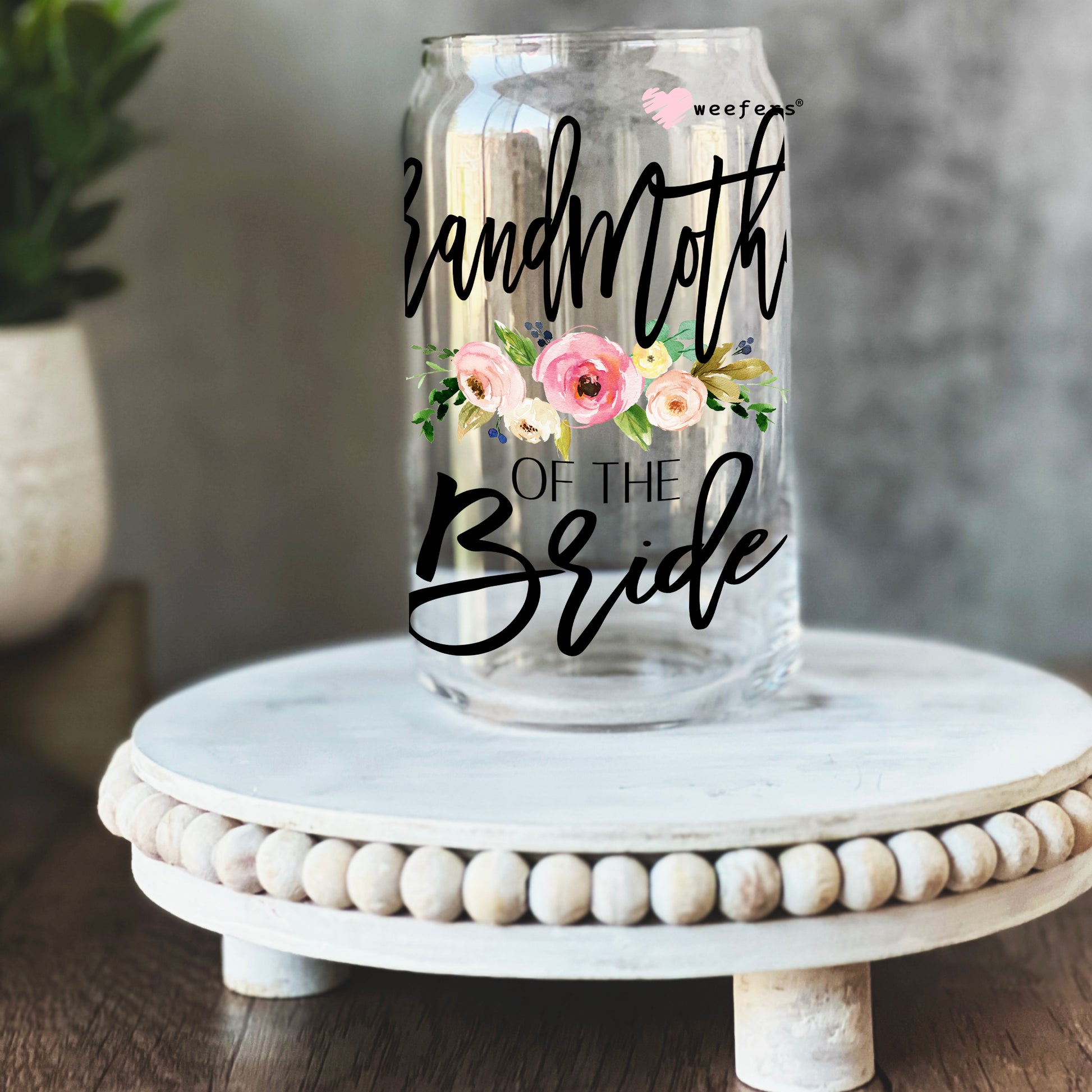 Grandmother of the Bride Blush Floral 16oz Libbey Glass Can UV DTF or Sublimation Wrap - Decal - Weefers