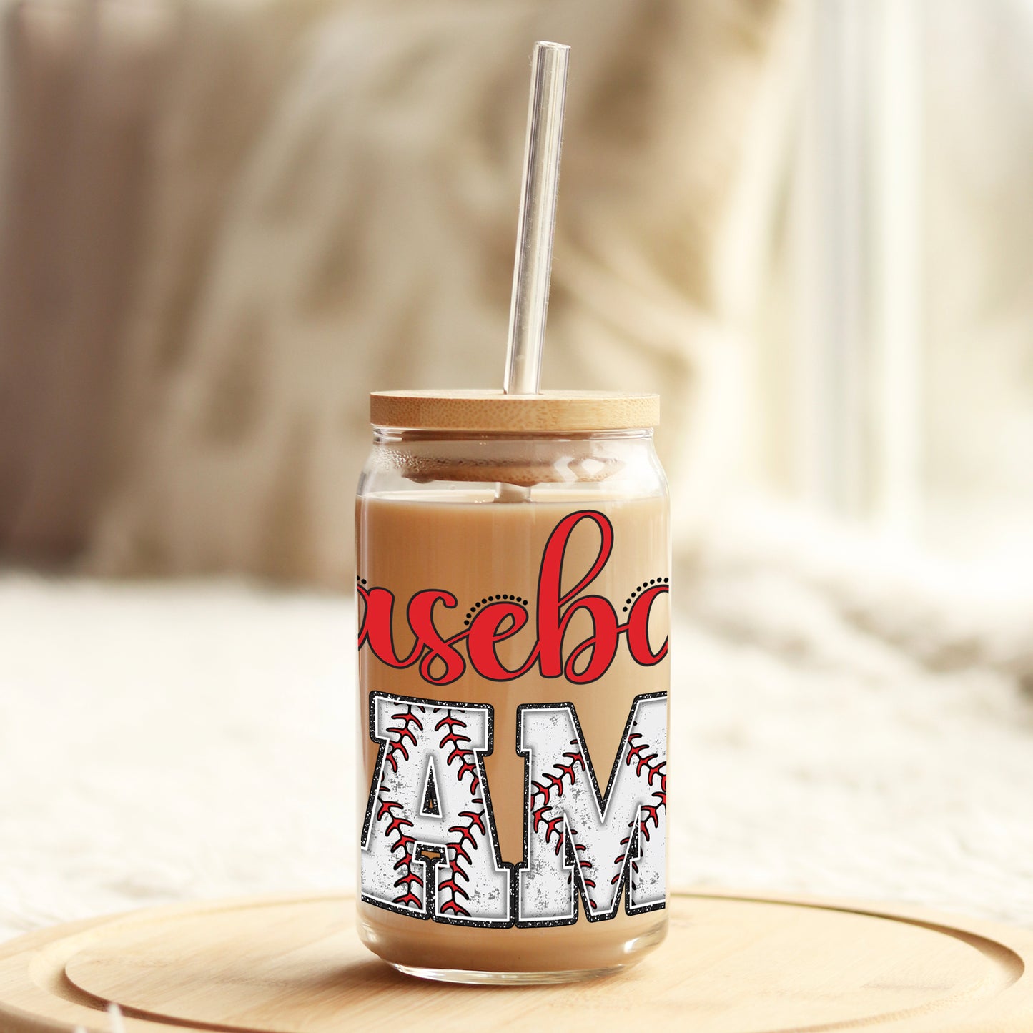 Baseball Mama Red 16oz Libbey Glass Can UV DTF or Sublimation Cup Wrap - Decal Transfer - Weefers