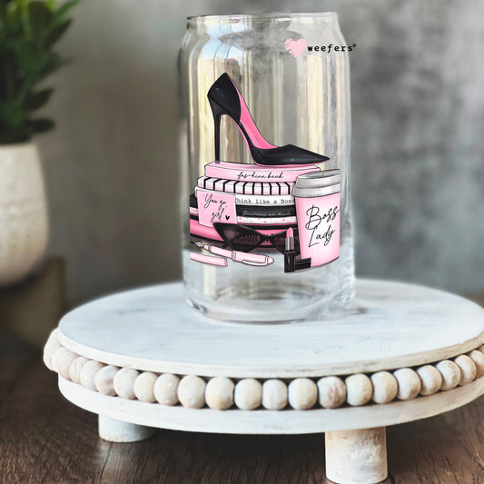 Pink and Black Boss Lady 16oz Libbey Glass Can UV DTF or Sublimation Cup Wrap - Decal Transfer Weefers