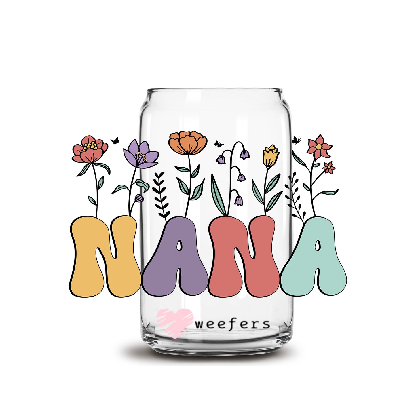 Nana Retro Floral 16oz Libbey Glass Can UV DTF or Sublimation Cup Wrap - Decal Transfer - Weefers