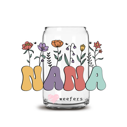 Nana Retro Floral 16oz Libbey Glass Can UV DTF or Sublimation Cup Wrap - Decal Transfer - Weefers