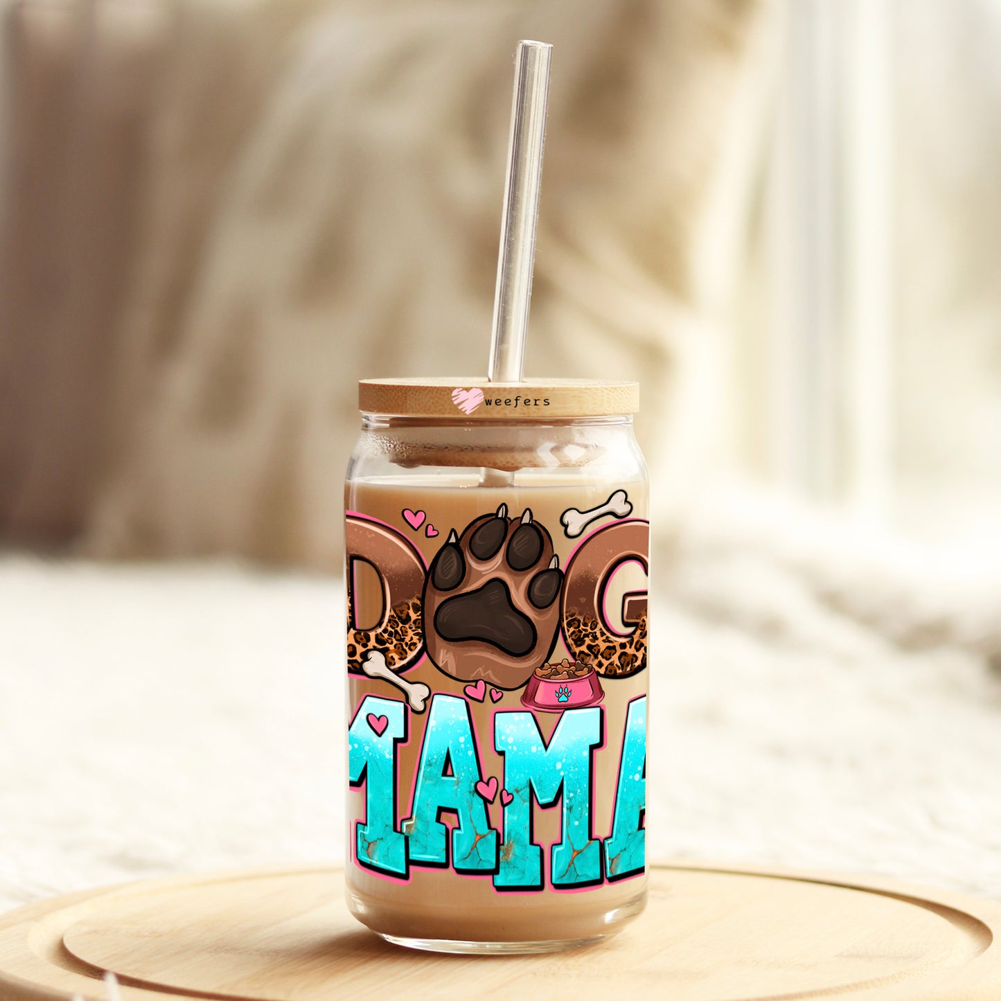 Dog Mama Teal 16oz Libbey Glass Can UV DTF or Sublimation Cup Wrap - Decal Transfer - Weefers