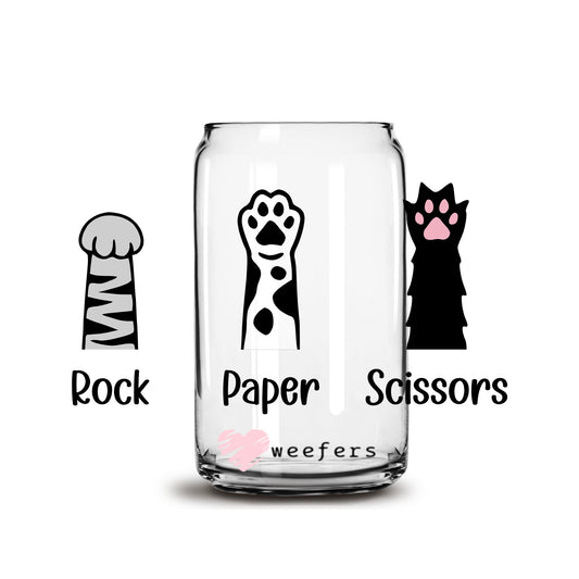Rock Paper Scissors Cat Paws 16oz Libbey Glass Can UV DTF or Sublimation Cup Wrap - Decal Transfer Weefers