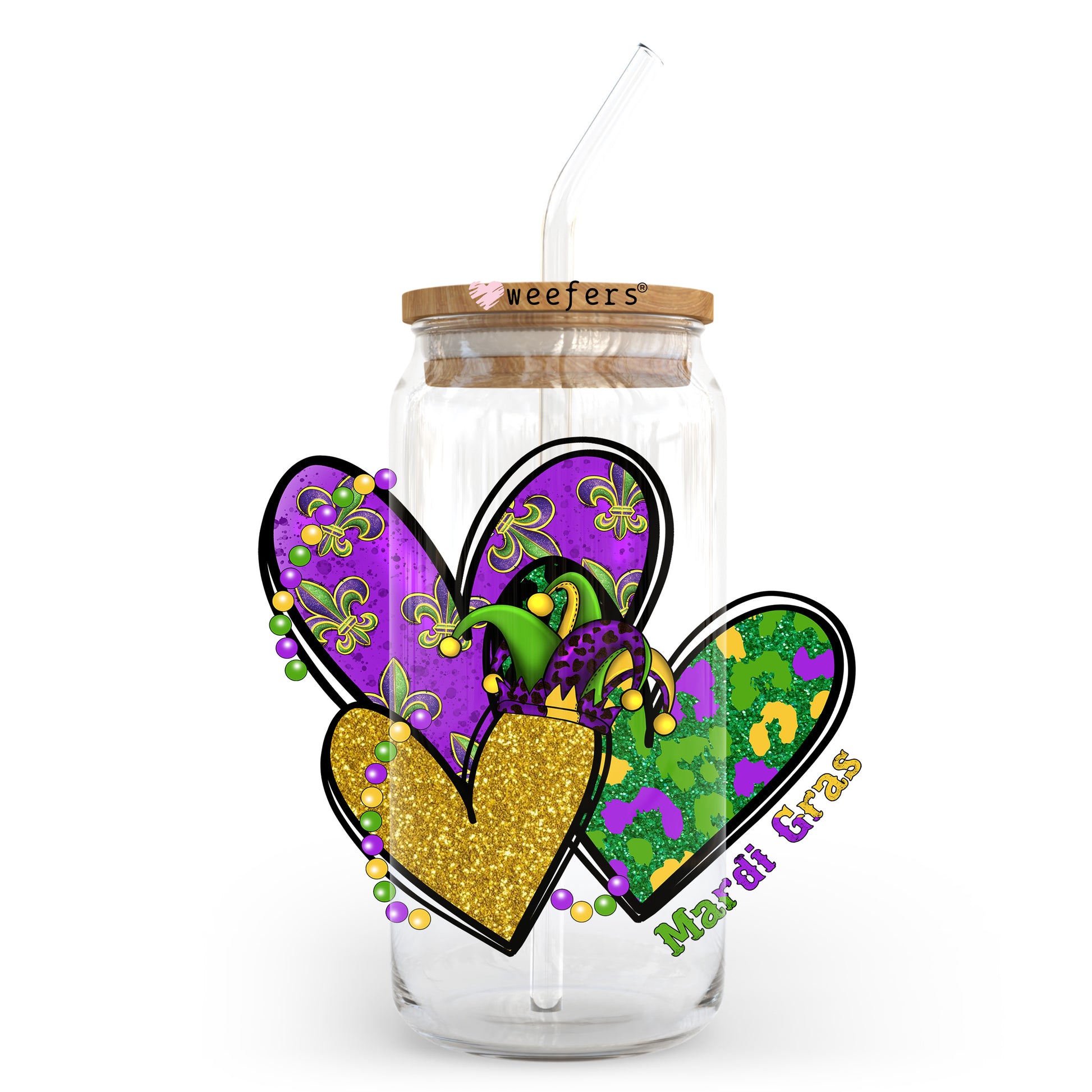 Hearts Mardi Gras 20oz Libbey Glass Can UV DTF or Sublimation Wrap - Decal Transfer - Weefers