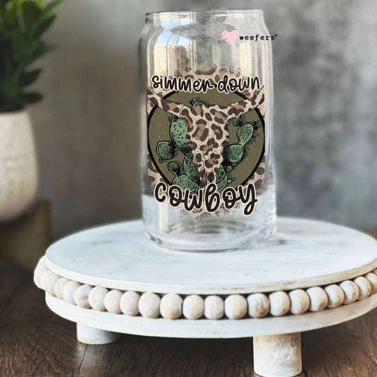 Simmer Down Cowboy Cow Skull 16oz Libbey Glass Can UV DTF or Sublimation Cup Wrap - Decal Transfer Weefers