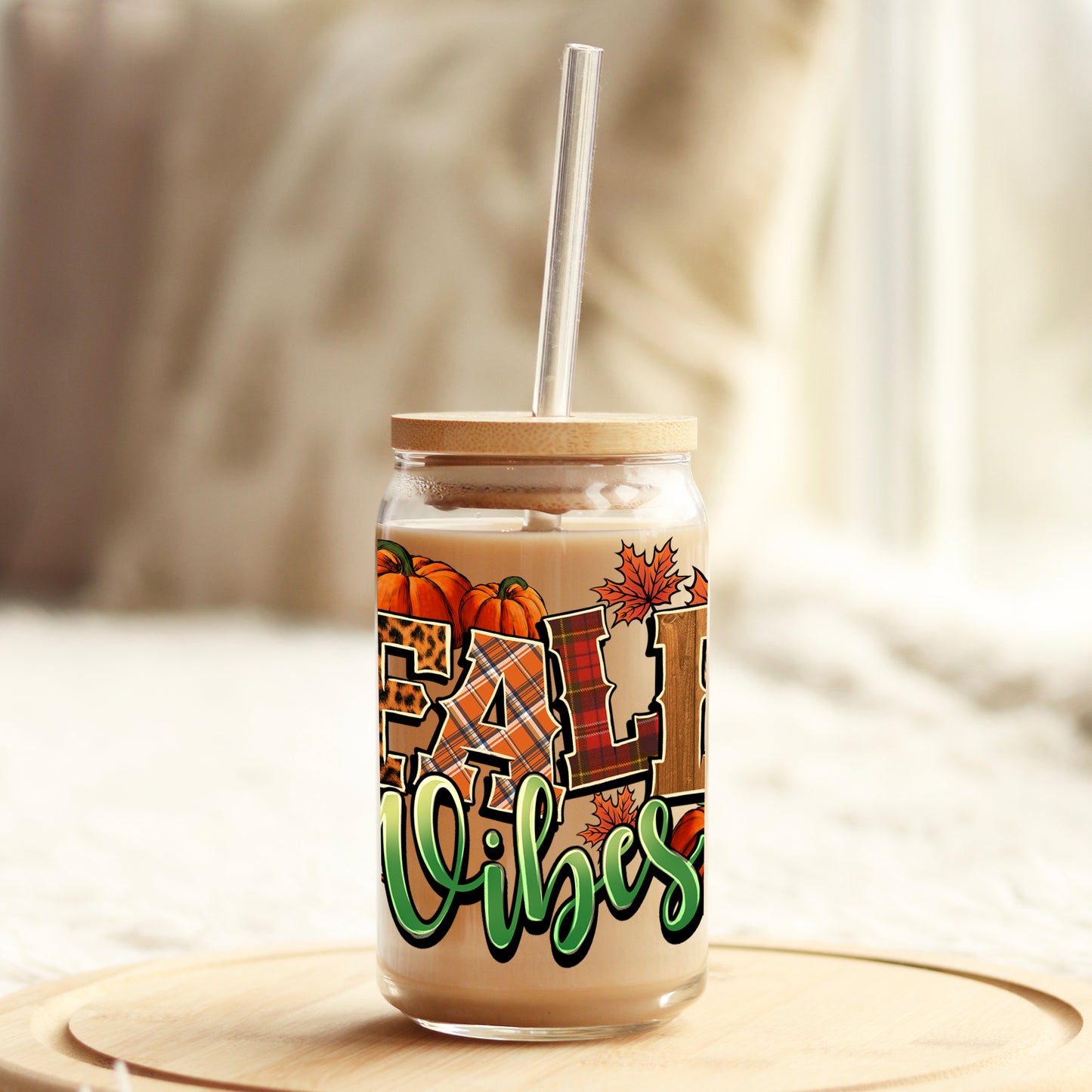 Fall Vibes 16oz Libbey Glass Can UV DTF or Sublimation Wrap - Decal - Weefers