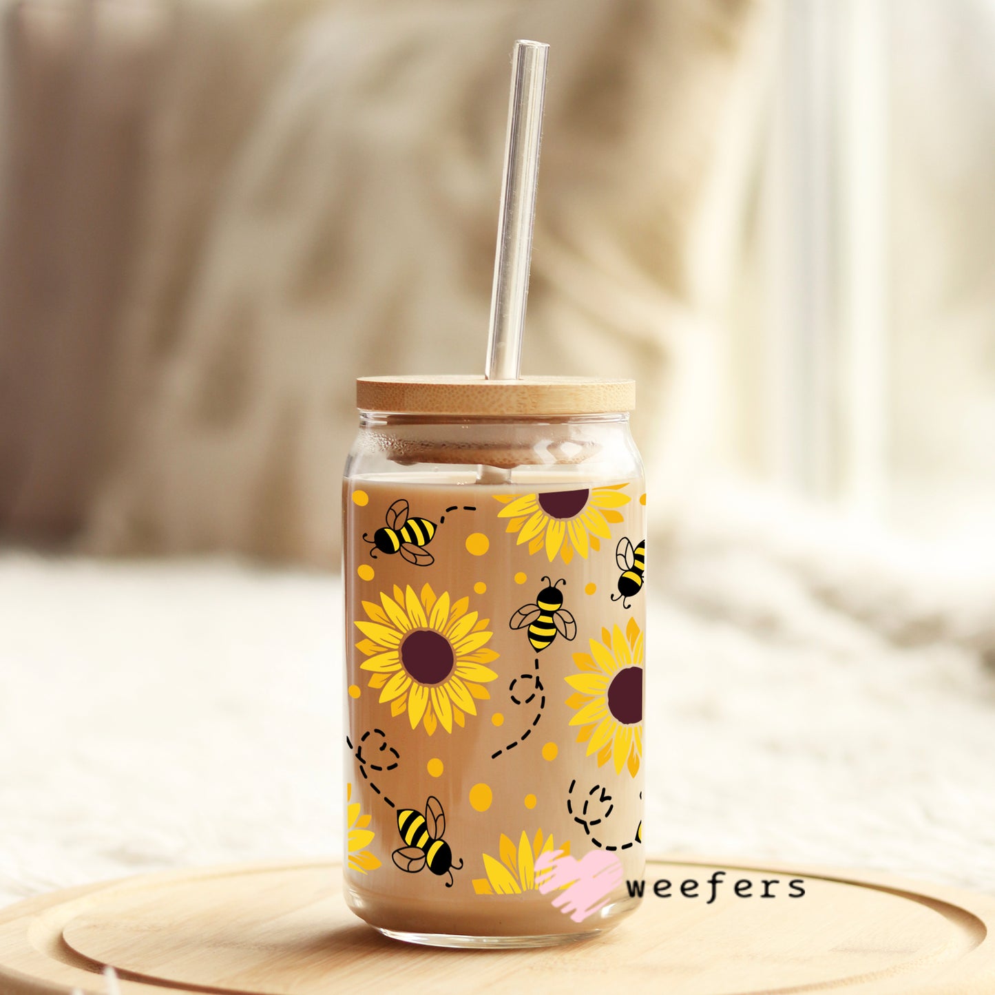 Sunflowers and Bees 16oz Libbey Glass Can UV DTF or Sublimation Wrap - Decal - Weefers