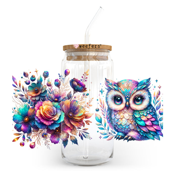 a glass jar with a straw and a painting of an owl