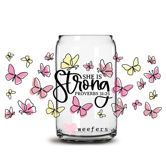 She is Strong Christian 16oz Libbey Glass Can UV DTF or Sublimation Wrap - Decal - Weefers