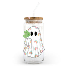 Load image into Gallery viewer, a glass jar with a sticker of a ghost holding a clover
