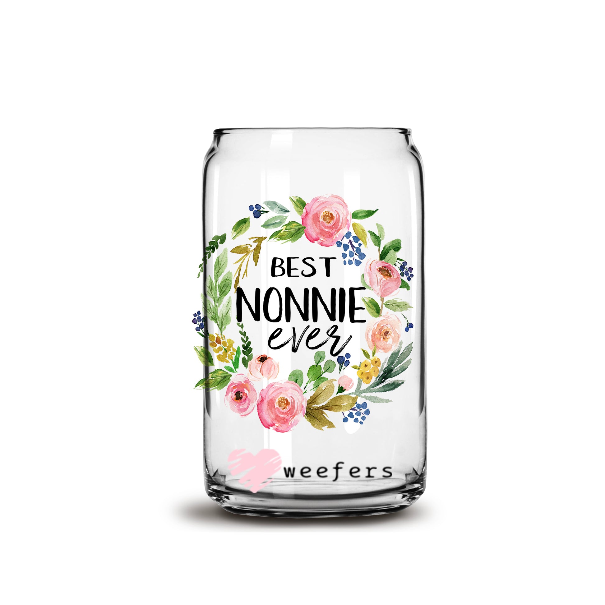 Best Nonnie Ever Pink Wreath 16oz Libbey Glass Can UV DTF or Sublimation Cup Wrap - Decal Transfer - Weefers