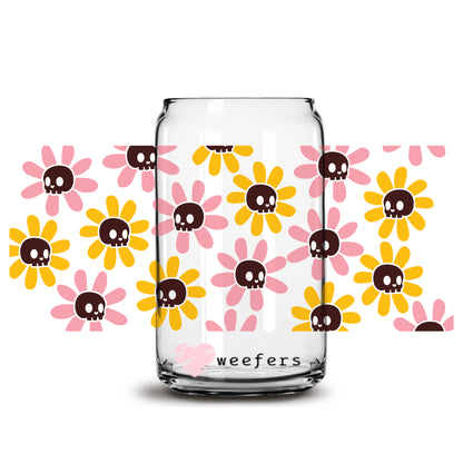 Orange and Pink Flower Skulls 16oz Libbey Glass Can UV DTF or Sublimation Wrap - Decal - Weefers