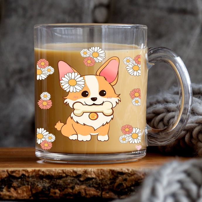 a glass mug with a picture of a dog on it