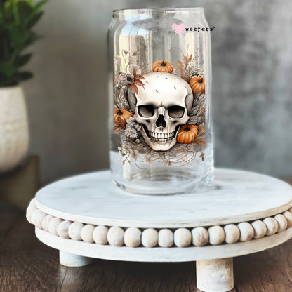 Pumpkins and Skull Fall 16oz Libbey Glass Can UV DTF or Sublimation Wrap - Decal - Weefers