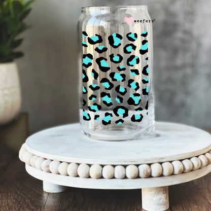 Turquoise Leopard 16oz Libbey Glass Can UV DTF or Sublimation Cup Wrap - Decal Transfer - Weefers