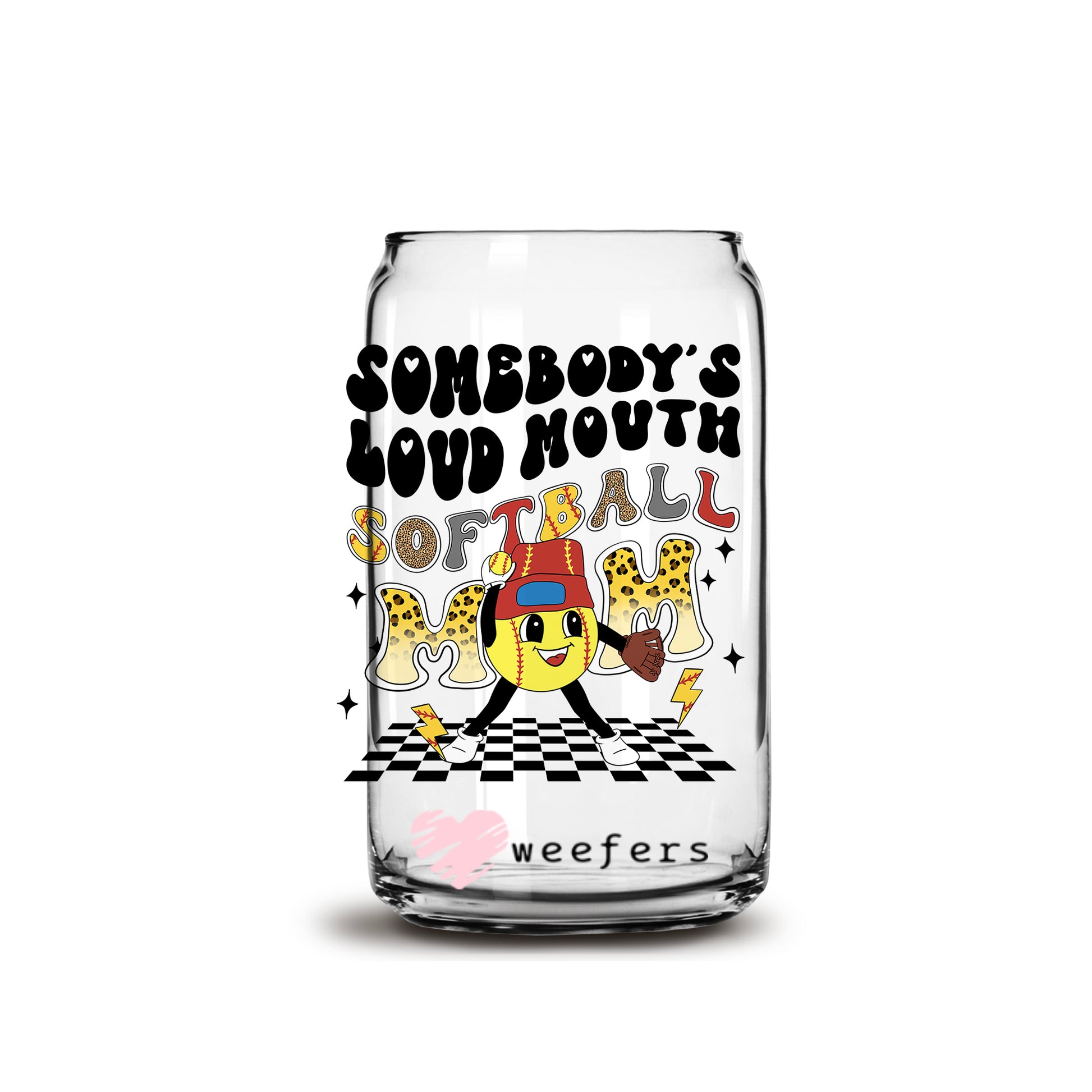 Somebody's Loud Mouth Softball Mom Retro 16oz Libbey Glass Can UV DTF or Sublimation Wrap - Decal - Weefers