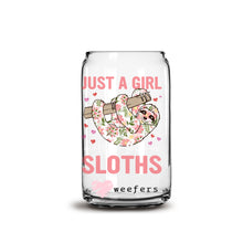 Load image into Gallery viewer, Just a Girl Who Loves Sloths 16oz Libbey Glass Can UV-DTF or Sublimation Decal Transfer
