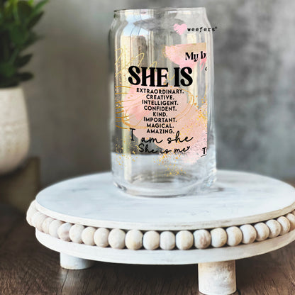 She is Inspirational Quotes 16oz Libbey Glass Can UV DTF or Sublimation Wrap - Decal - Weefers