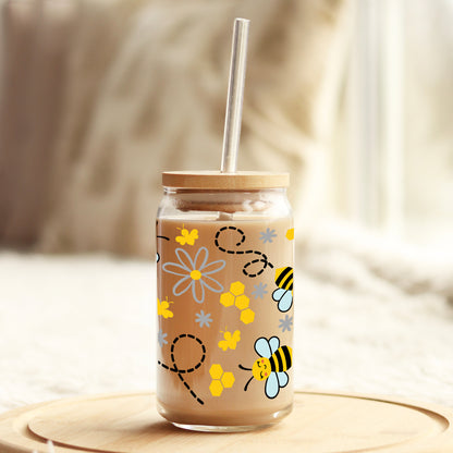 Bees, hearts and flowers oh my 16oz Libbey Glass Can UV DTF or Sublimation Wrap - Decal - Weefers