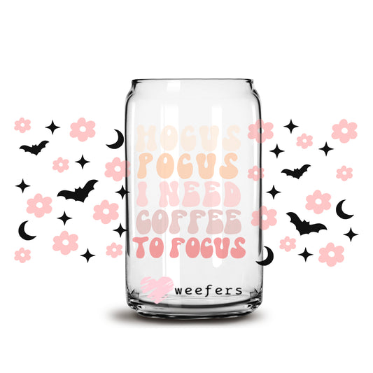 Hocus Pocus I need Coffee to Focus Pink Halloween 16oz Libbey Glass Can UV DTF or Sublimation Wrap - Decal - Weefers