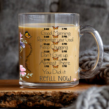 Load image into Gallery viewer, a glass mug with a poem on it
