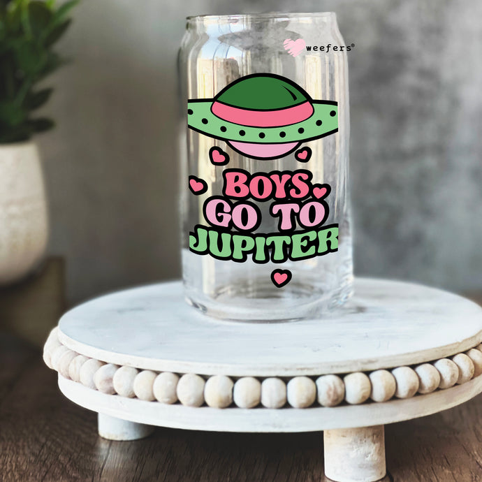 a glass jar with the words boys go to jupiter printed on it