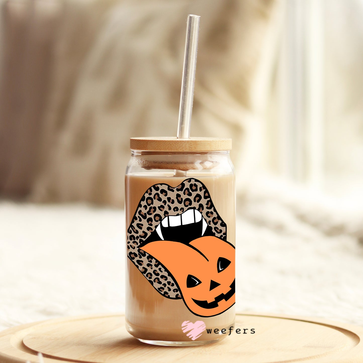 Leopard Pumpkin Lips Halloween 16oz Libbey Glass Can UV DTF or Sublimation Wrap - Decal - Weefers