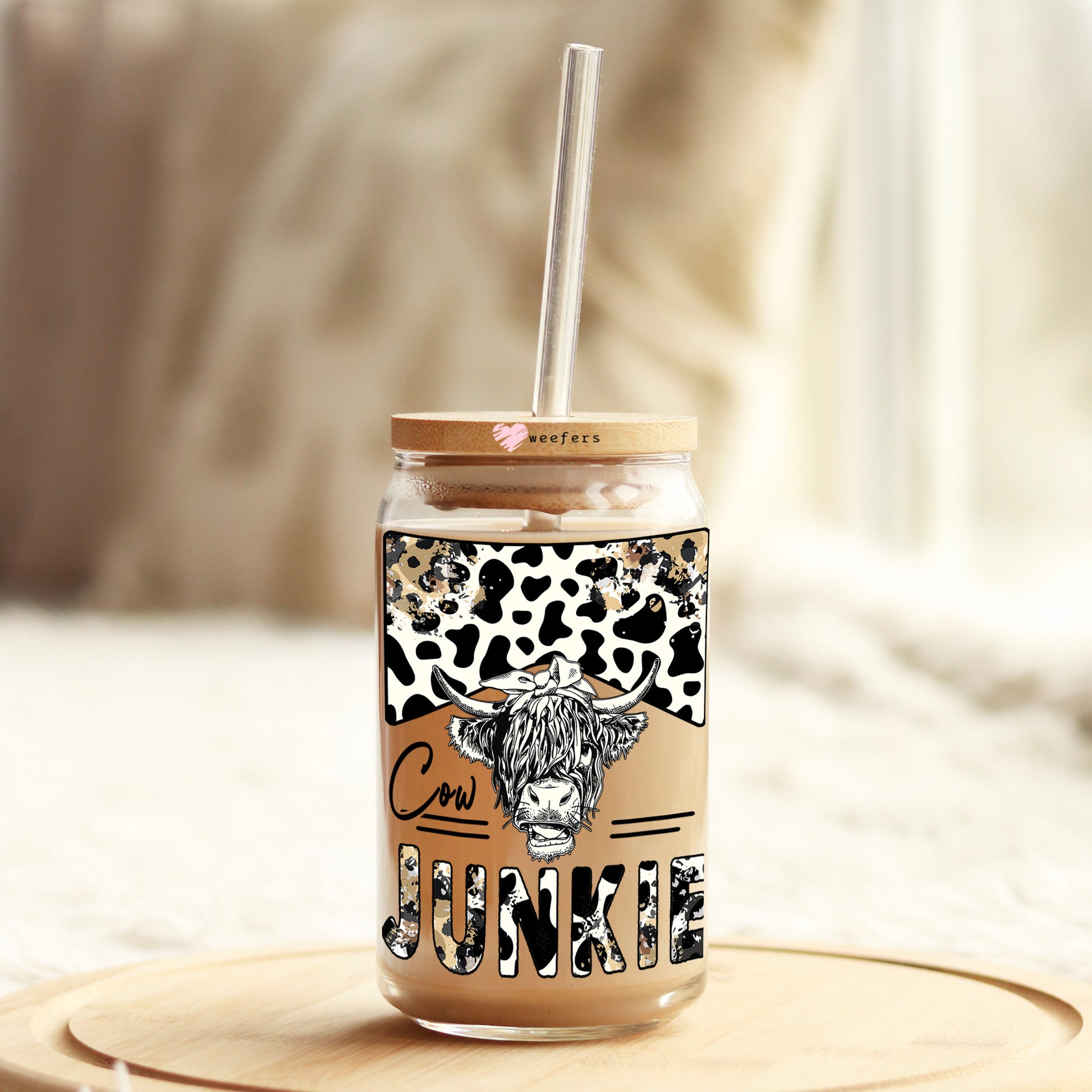 Cow Junkie 16oz Libbey Glass Can UV DTF or Sublimation Cup Wrap - Decal Transfer - Weefers