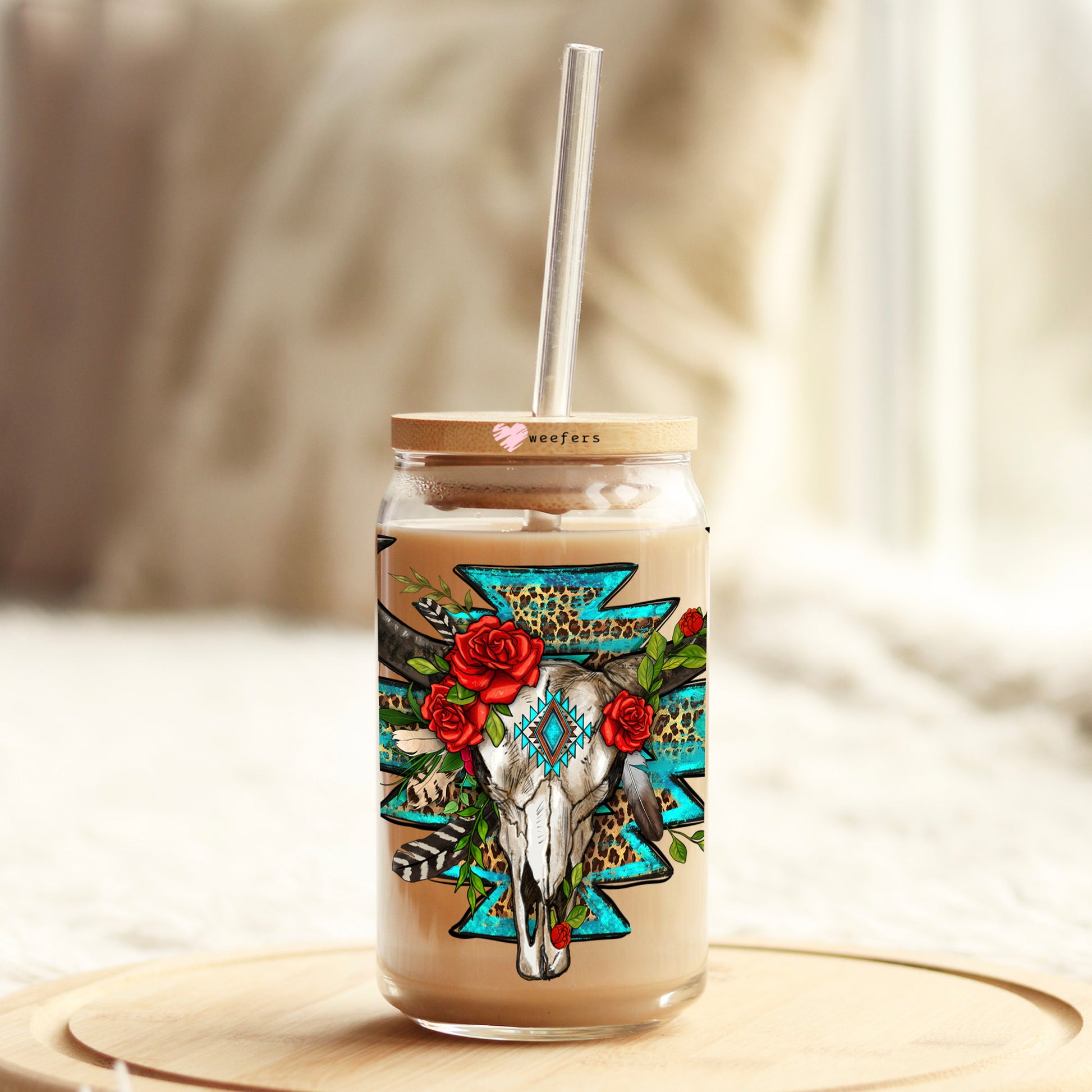 Turquoise Cow Skull 16oz Libbey Glass Can UV DTF or Sublimation Cup Wrap - Decal Transfer - Weefers