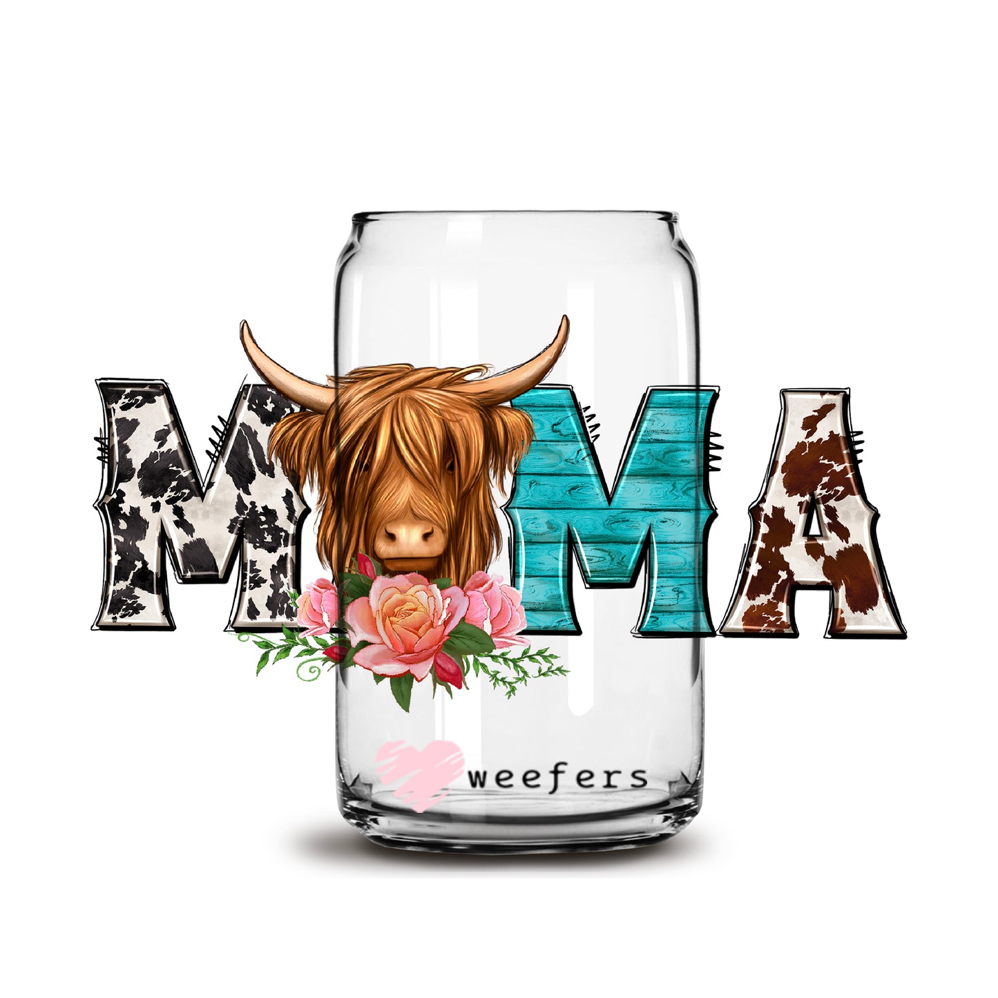 Highlander Cow Western Mama 16oz Libbey Glass Can UV DTF or Sublimation Cup Wrap - Decal Transfer - Weefers