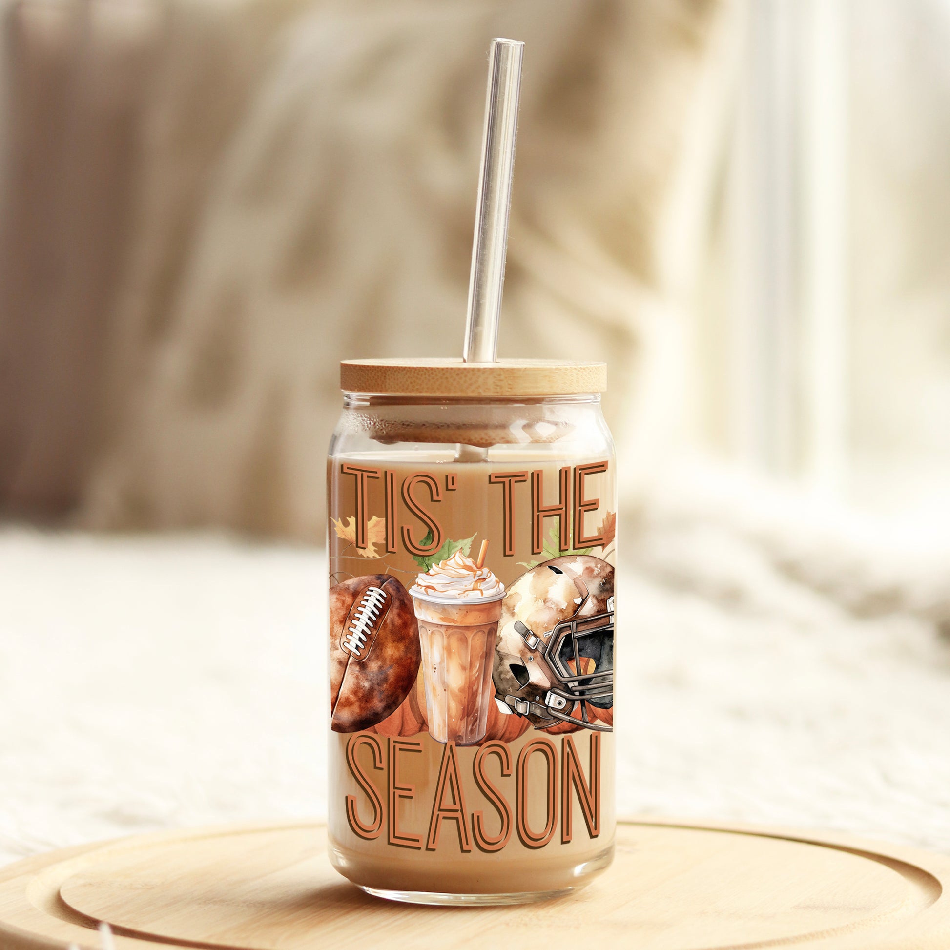 Tis the Season Football Lattes and Fall 16oz Libbey Glass Can UV DTF or Sublimation Wrap - Decal - Weefers