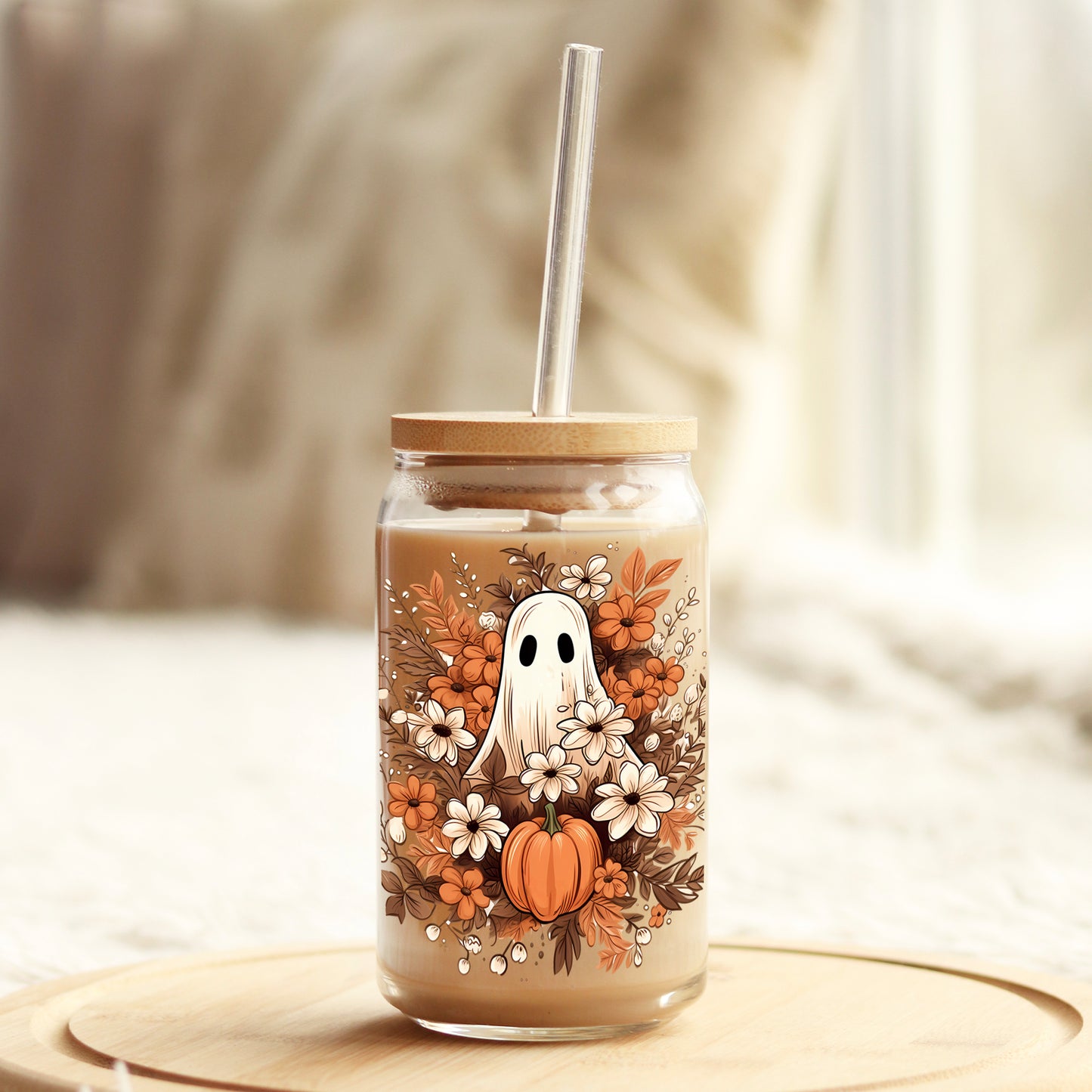 Fall Ghost Pumpkin 16oz Libbey Glass Can UV DTF or Sublimation Wrap - Decal - Weefers