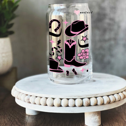 Cowgirl Boots and Hats Black and Pink 16oz Libbey Glass Can UV DTF or Sublimation Wrap - Decal - Weefers