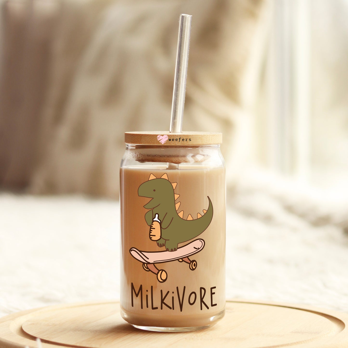 Milkivore Dinosaur 16oz Libbey Glass Can UV DTF or Sublimation Cup Wrap - Decal Transfer - Weefers