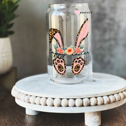 Happy Easter Leopard Floral Bunny 16oz Libbey Glass Can UV DTF or Sublimation Cup Wrap - Decal Transfer - Weefers